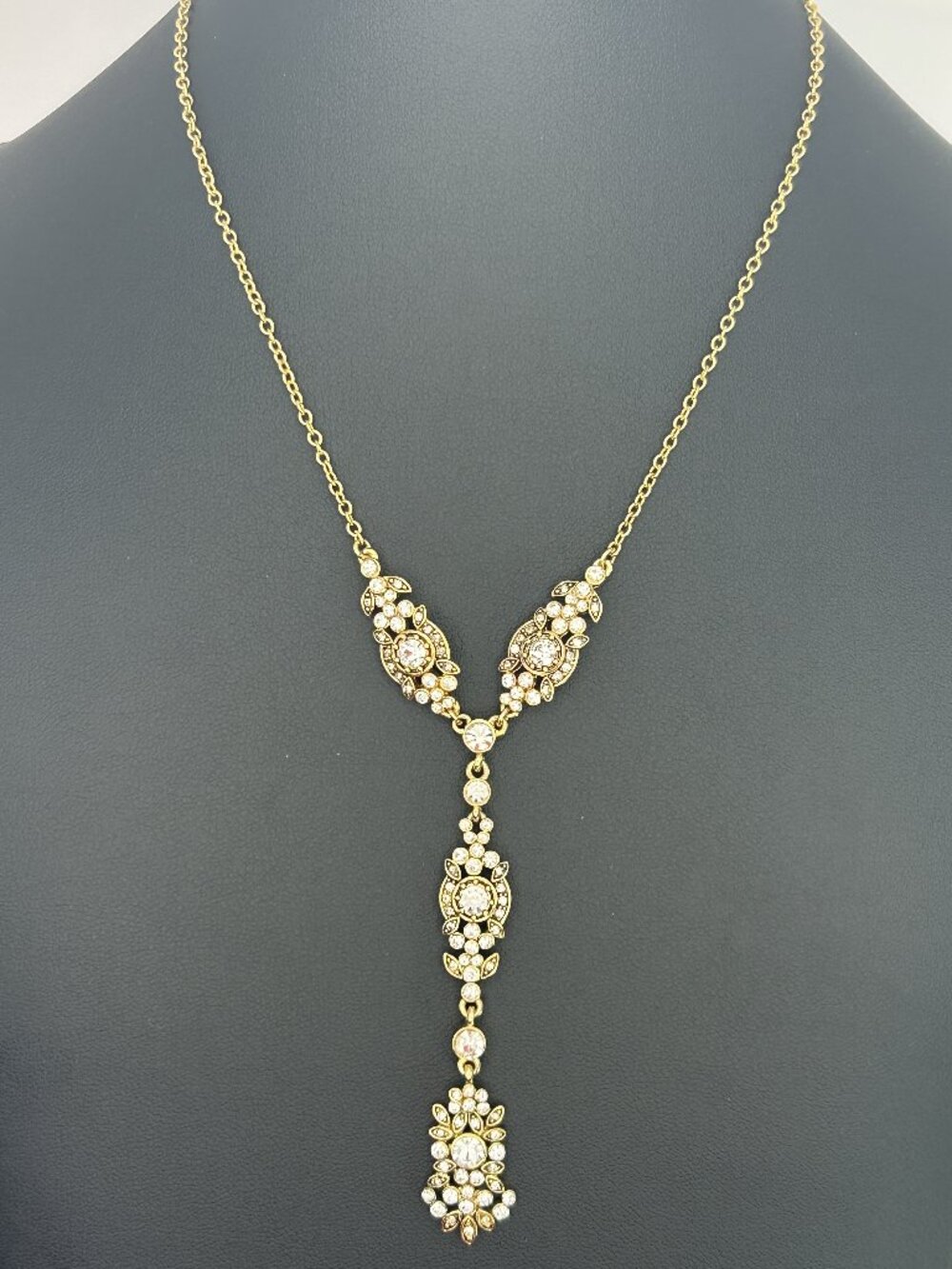 Carolee Rhinestone Y Drop Necklace Bridal Floral Glass Crystal Gold Tone